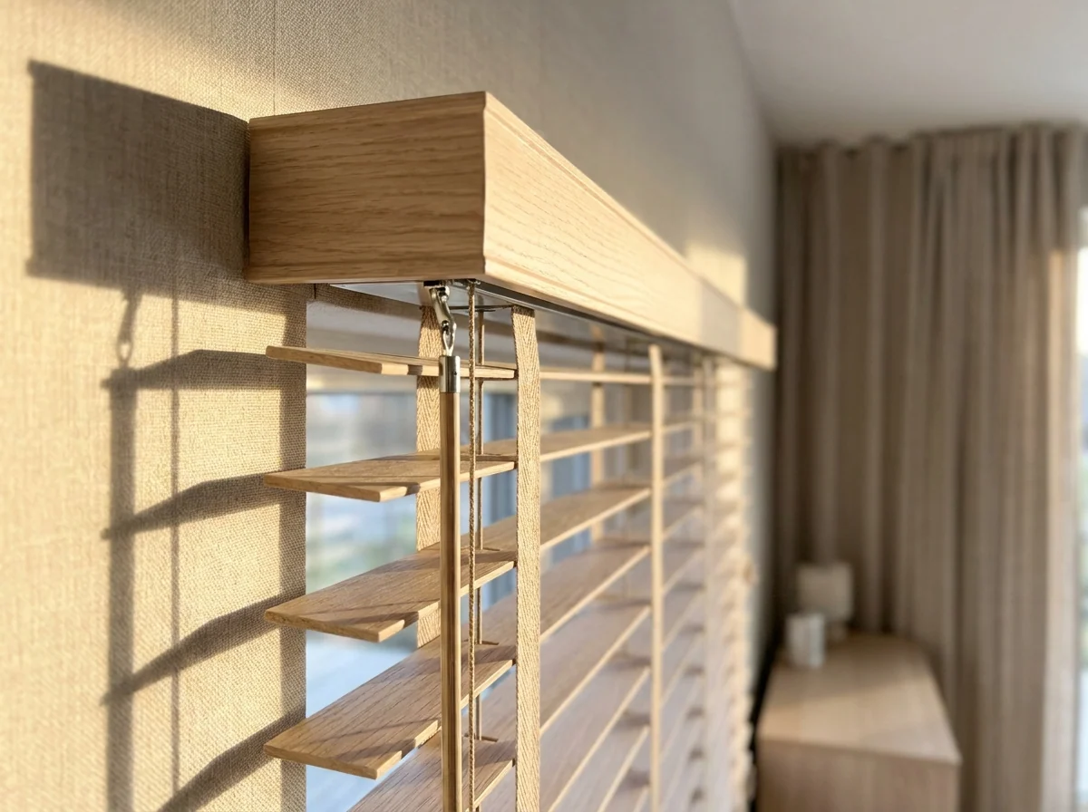 Timber venetian headrail, cords and tilt mechanism up close — blind repairs and re-cording in Blue Valley Golf Estate