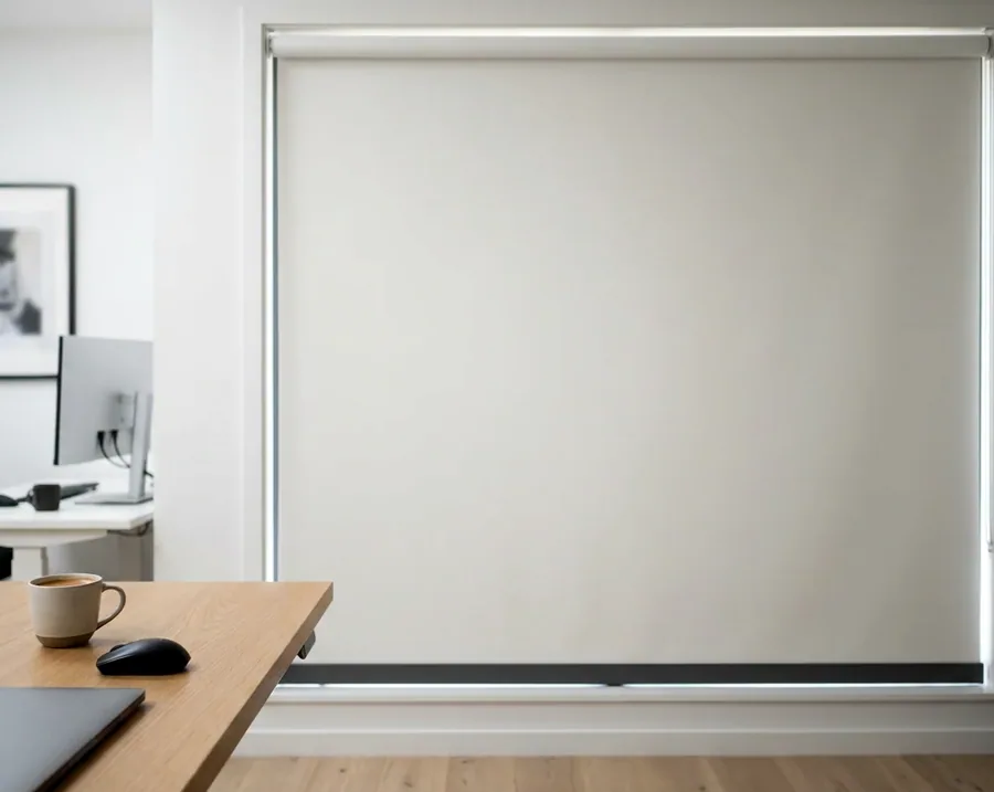 Blockout roller blind fully lowered over a Blue Valley Golf Estate home-office window, laptop and coffee on the desk below