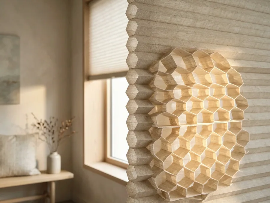 Cellular honeycomb blind cell structure close up, fitted beside a Blue Valley bedroom window