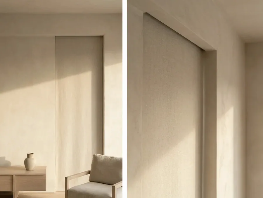 Concealed ceiling-slot blind pelmet recessed above a sliding door reveal in a Blue Valley home