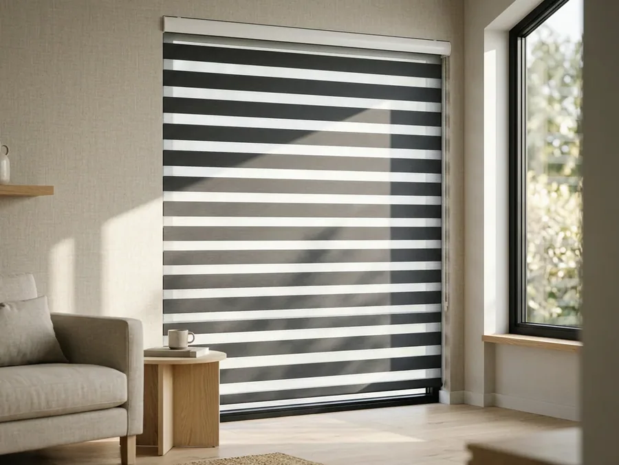 Double roller day-and-night blind with its banded sheer-and-solid stripe pattern lowered in a Blue Valley living room