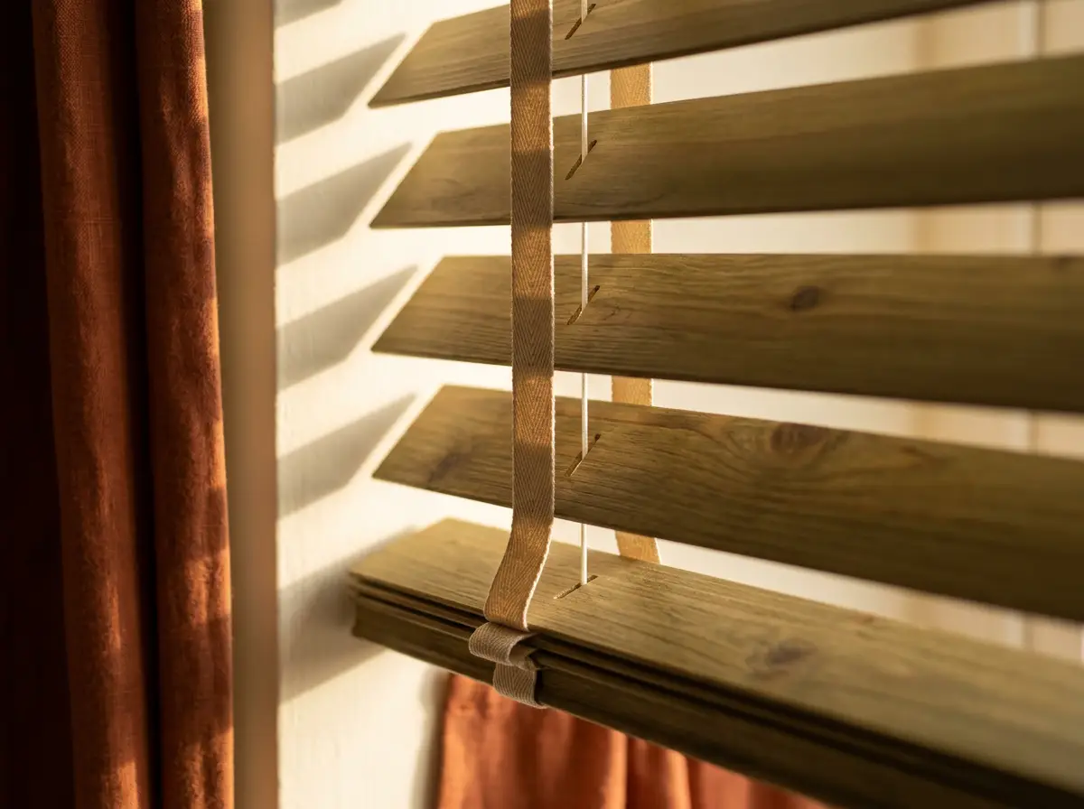 Close-up of timber venetian slats and woven ladder tape in warm afternoon light, rust curtain behind