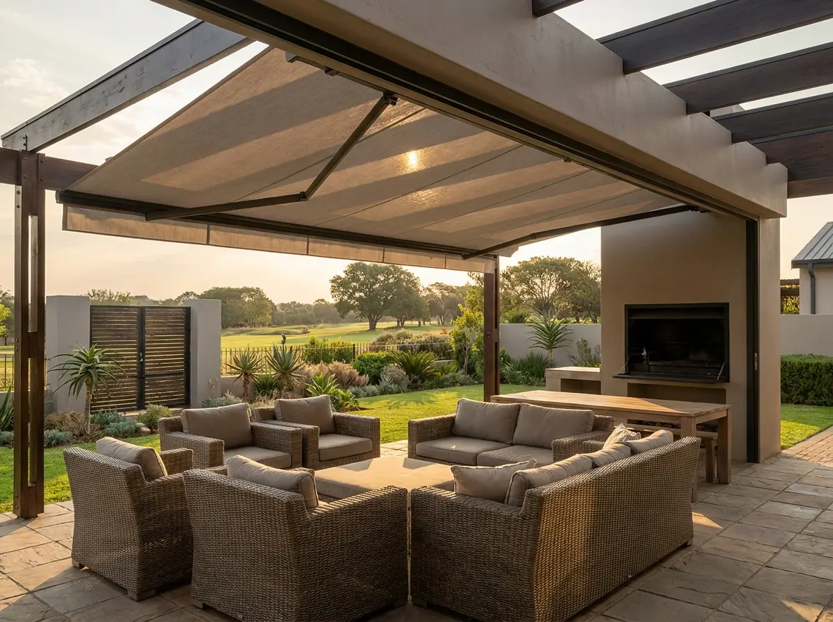 Folding-arm awning shading a Blue Valley patio and braai area in late afternoon light