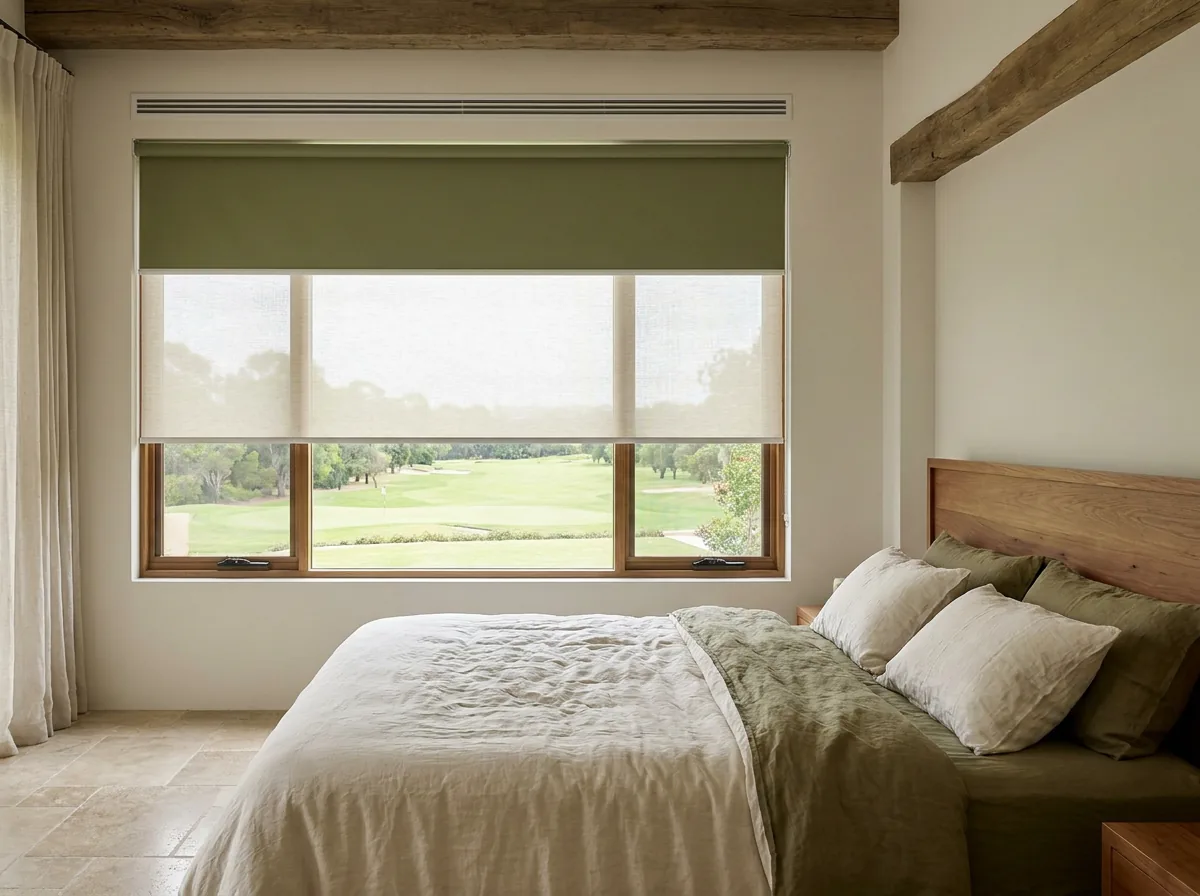 A double roller day-and-night blind — a sheer sunscreen layer below a solid olive blockout layer, both smooth flat sheets on one bracket — over a large bedroom window in a Tuscan Blue Valley home, a green golf fairway beyond the glass