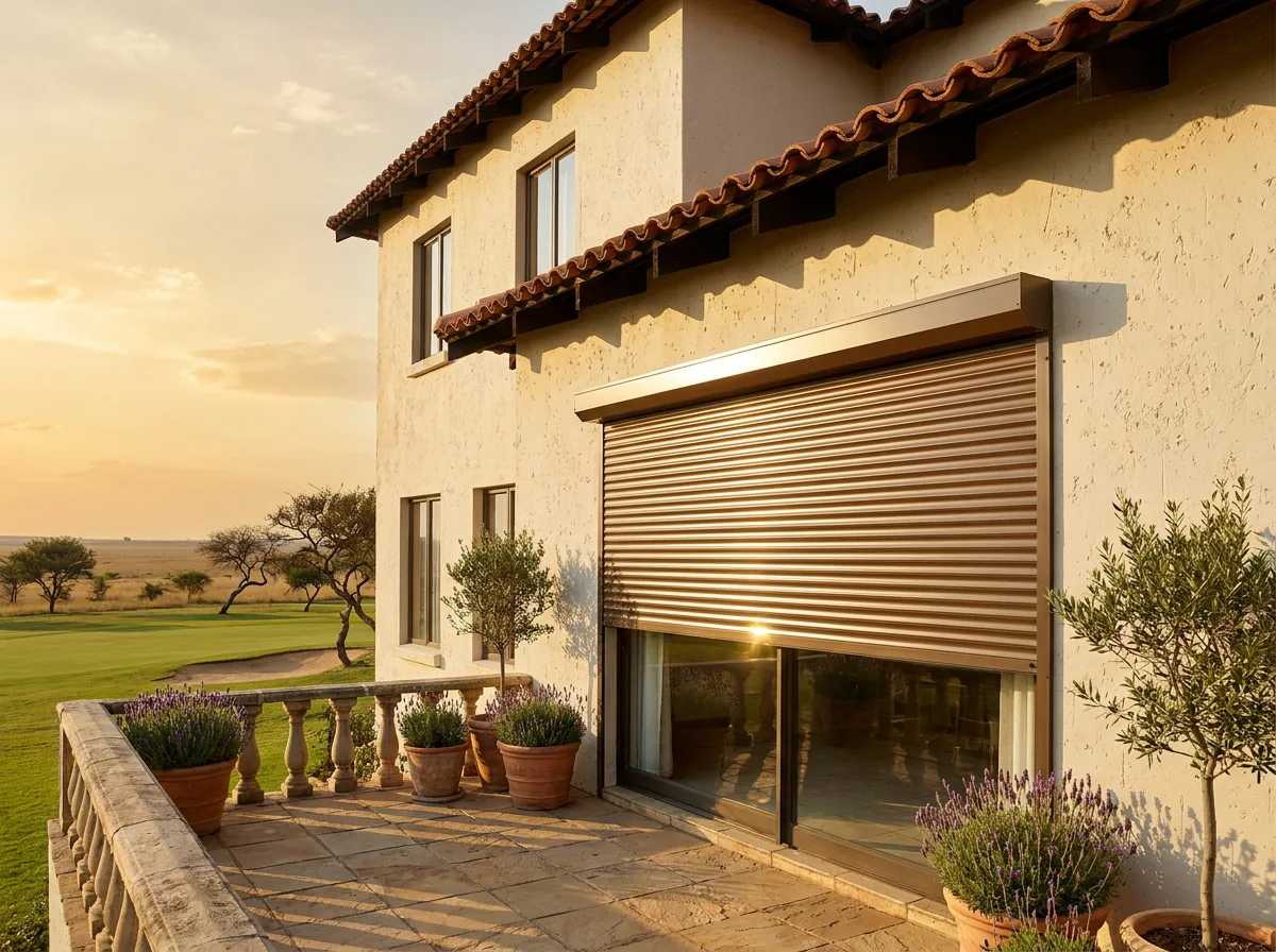 A bronze external aluminium roller shutter rolled down from its headbox above the west-facing patio doors of a Tuscan-styled Blue Valley home, stopping the low sun before it reaches the glass