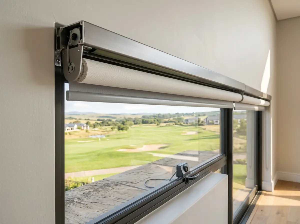 Motorised blind headrail and sun-sensor detail in a Blue Valley living room