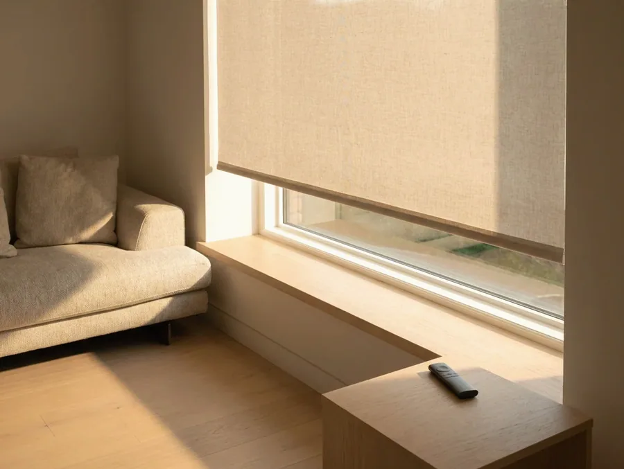 Motorised roller blind lowered over a corner window in a Blue Valley home, remote handset lying on the side table