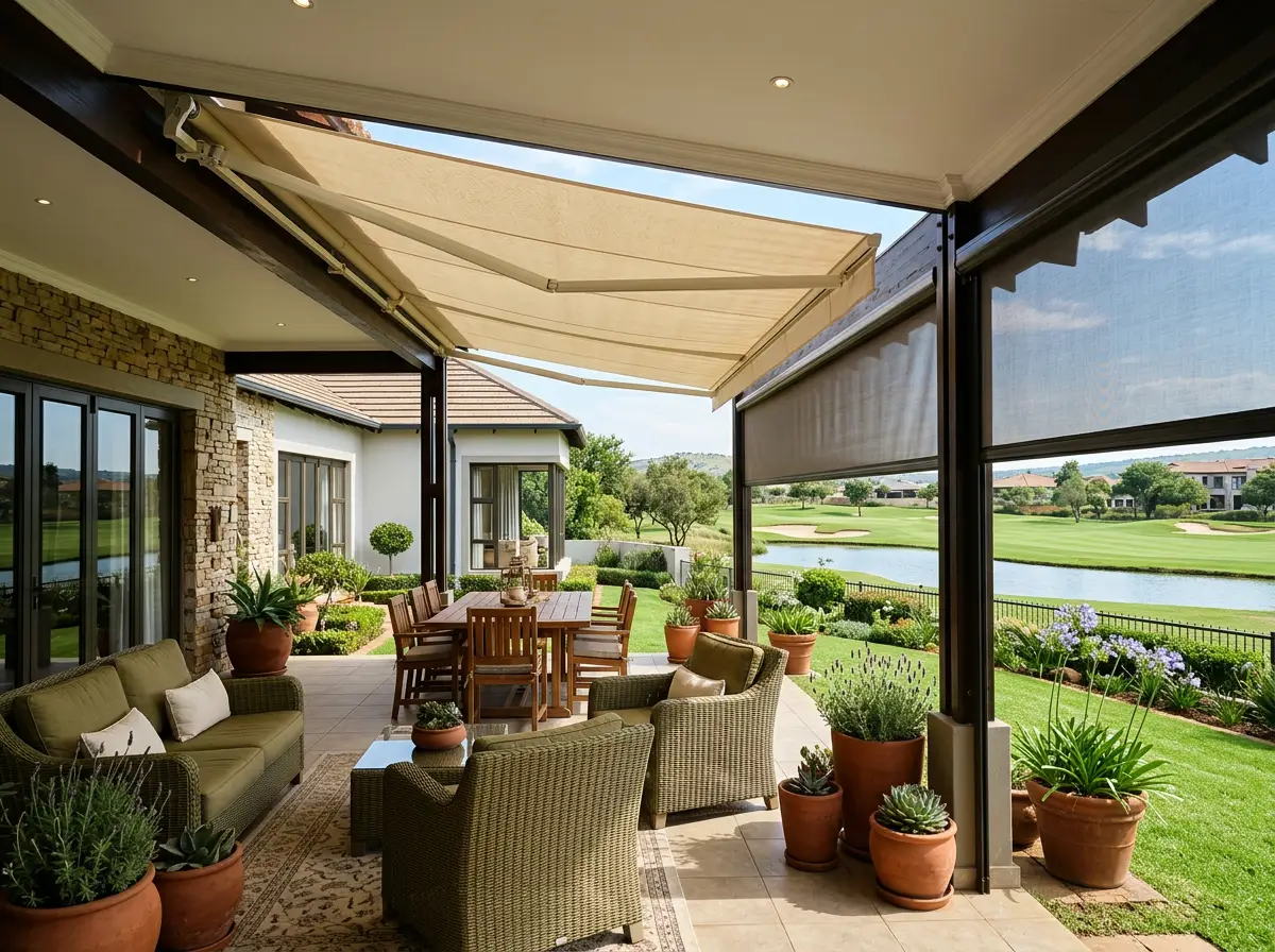 Open-plan lounge with fold-arm awning shading a patio in Blue Valley Golf Estate