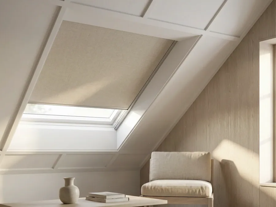 Skylight blind fitted flush to a sloped attic window above a Blue Valley reading nook