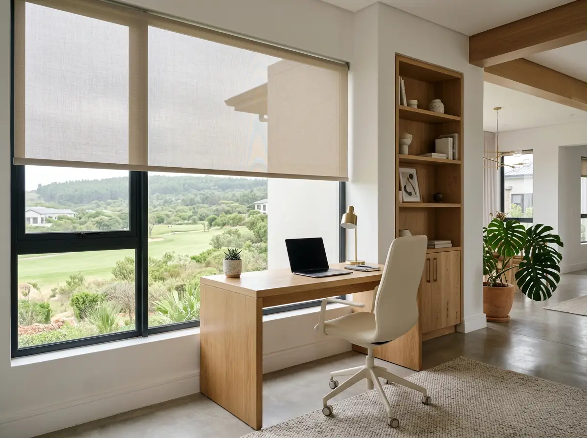 Sunscreen roller blind in a Blue Valley home office, softening light through a study window