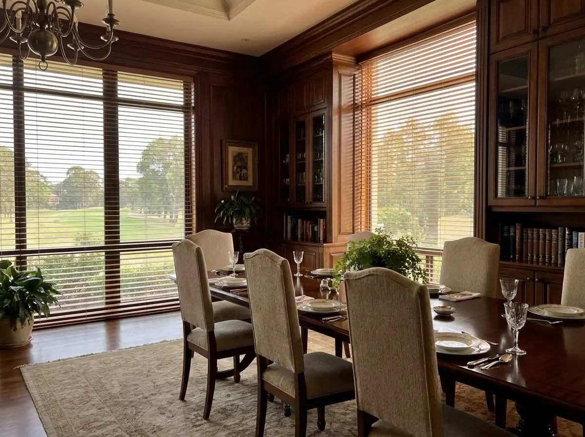 Timber venetian blinds in a Blue Valley formal dining room, warm slats matching the joinery