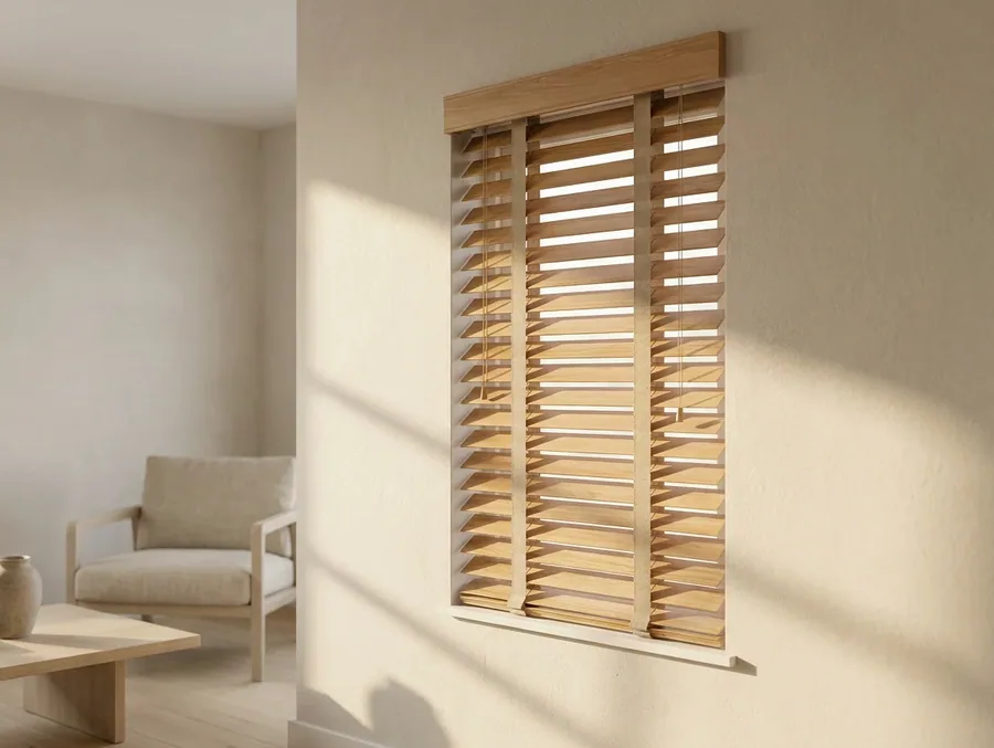 Timber venetian blinds with slats tilted open in a Blue Valley home, warm afternoon light falling across the wall